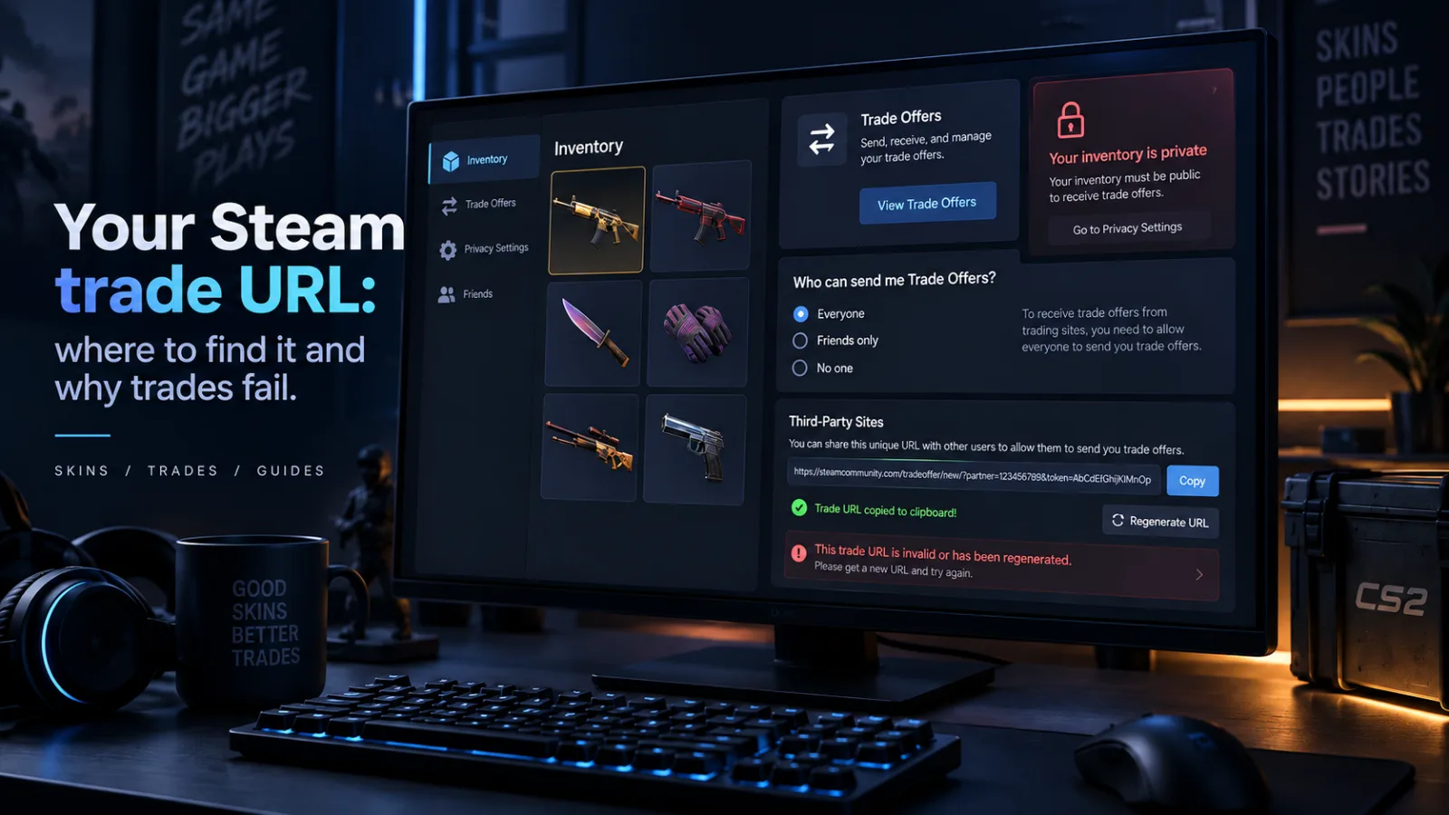 The Steam Trade Offers settings page, showing the third-party trade URL field and the Regenerate URL button